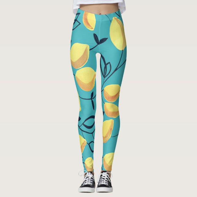 Yellow lemon gouache pattern on turquoise. leggings (Front)