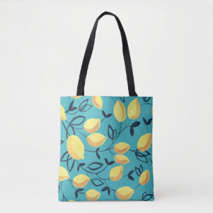 Yellow lemon gouache pattern on turquoise. tote bag