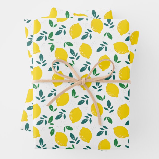 Yellow Lemon & Green Leaves Pattern Wrapping Paper Sheets (In situ)