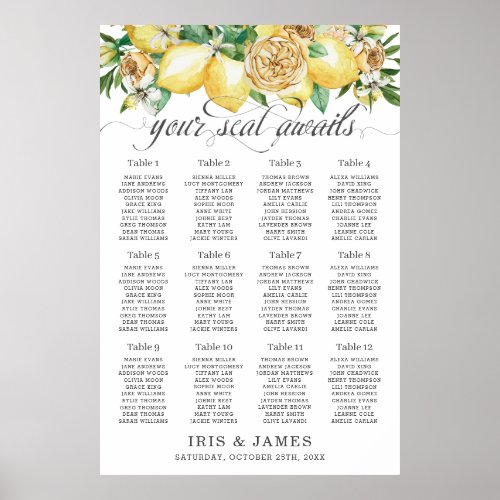 Yellow Lemon Greenery Floral Wedding Seating Chart