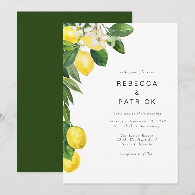 Yellow Lemon Grove Elegant Wedding Invitation (Front/Back)