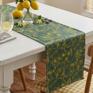 Yellow Lemon Hand Drawn Design on Dark Green  Short Table Runner