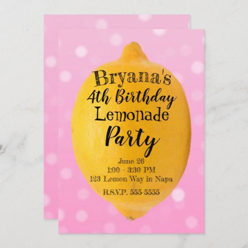 Yellow Lemon Lemonade Pink Birthday Party Invitation