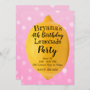 Yellow Lemon Lemonade Pink Birthday Party Invitation