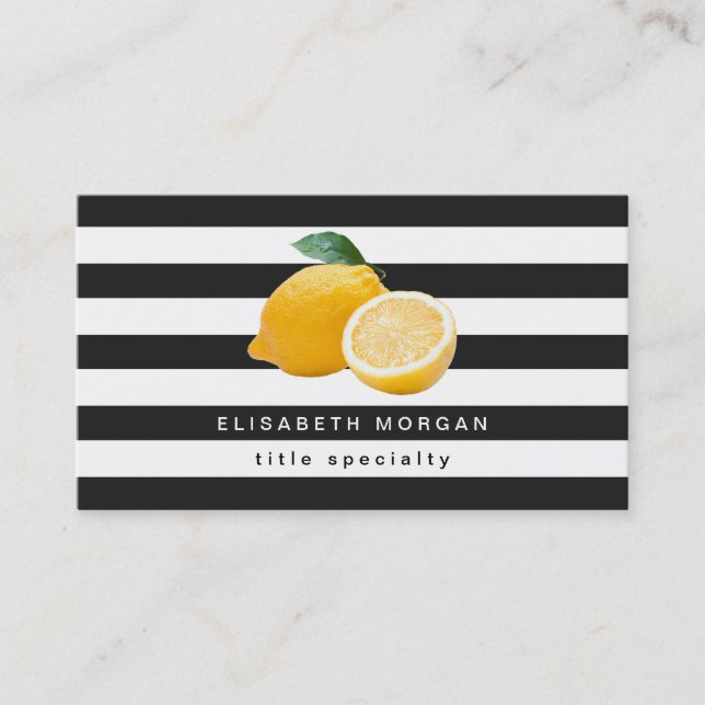 Yellow Lemon Logo with Classic Black White Stripes Business Card (Front)