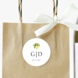 Yellow Lemon Monograms Wedding Round Sticker