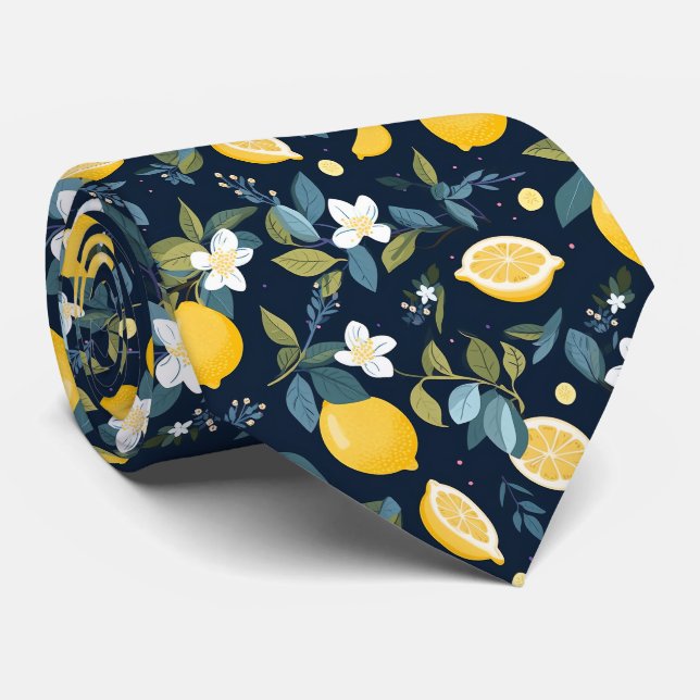 Yellow Lemon On Blue Background Neck Tie (Rolled)