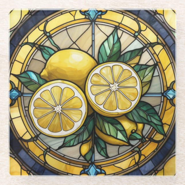 Yellow Lemon on Circle Stained Glass Art Glass Coaster (Front)