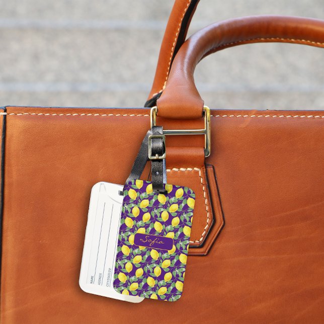 Yellow lemon pattern name purple Luggage Tag (Creator Uploaded)