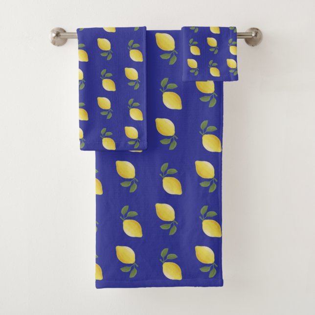 Yellow Lemon Pattern on Blue Lapis Lazuli Bath Towel Set (Insitu)
