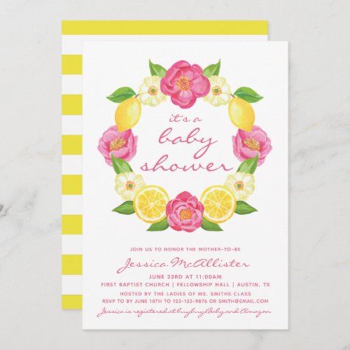 Yellow Lemon Pink Roses Stripes Girl Baby Shower Invitation