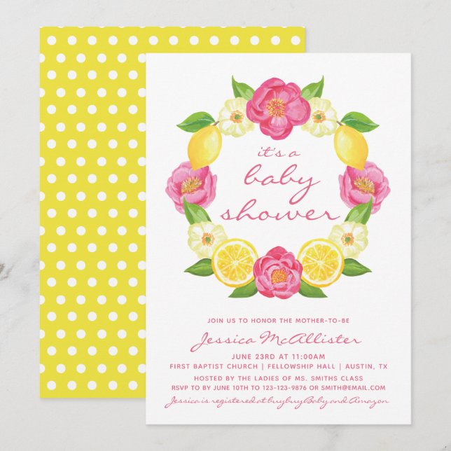Yellow Lemon Pink Roses Wreath Girl Baby Shower Invitation (Front/Back)