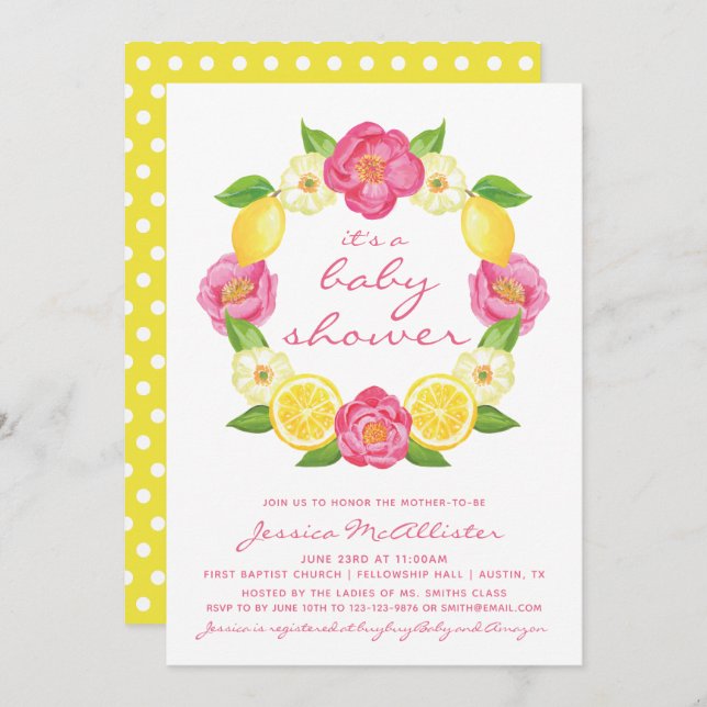 Yellow Lemon Pink Roses Wreath Girl Baby Shower Invitation (Front/Back)