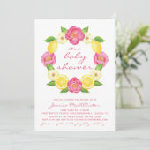 Yellow Lemon Pink Roses Wreath Girl Baby Shower Invitation (Standing Front)