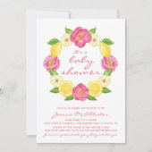 Yellow Lemon Pink Roses Wreath Girl Baby Shower Invitation (Front)