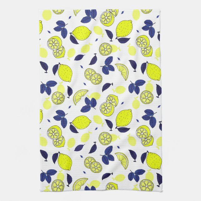 Yellow Lemon Print and Blue Leaves Food Pattern Kitchen Towel (Vertical)