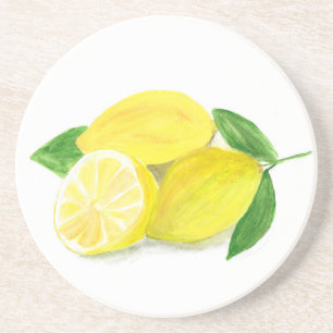 Yellow Lemon print art fruit watercolour Sandstone Coaster