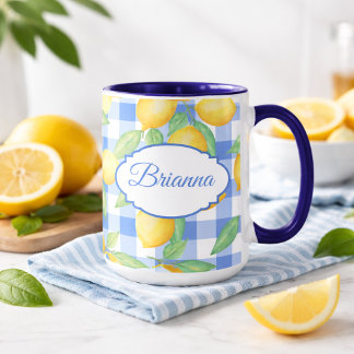 Yellow Lemon Print on Blue and White Gingham Mug