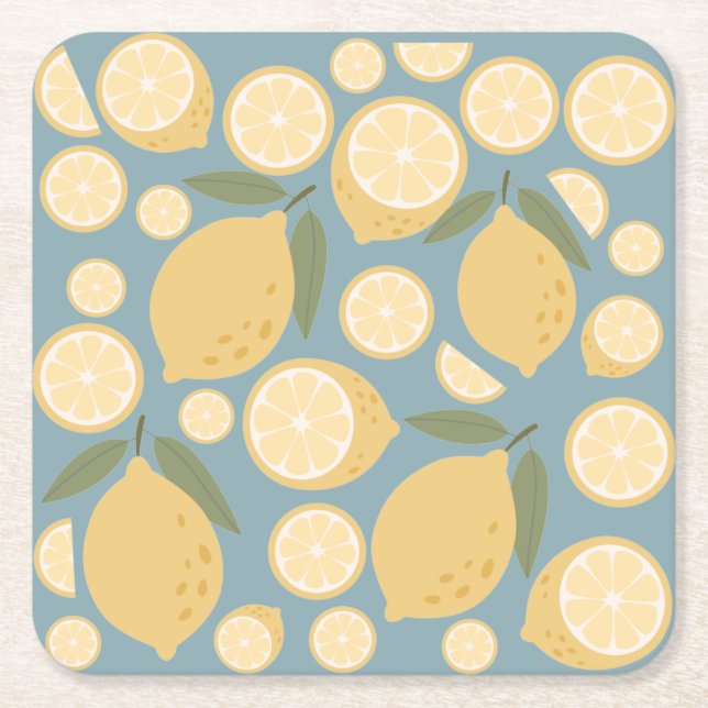 Yellow Lemon Seamless Pattern Square Paper Coaster (Front)