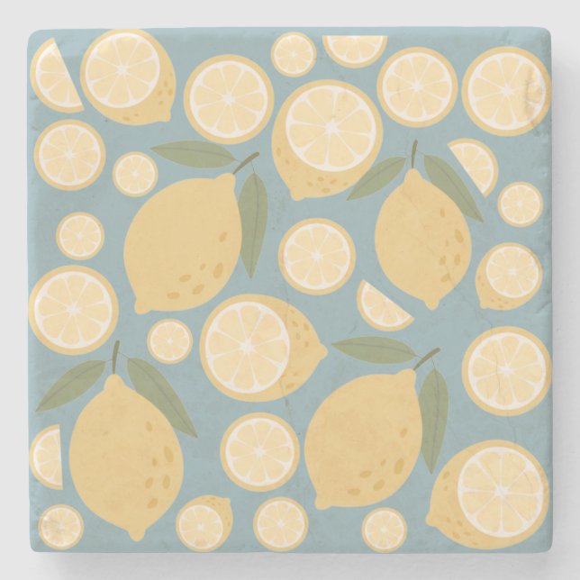 Yellow Lemon Seamless Pattern Stone Coaster (Front)