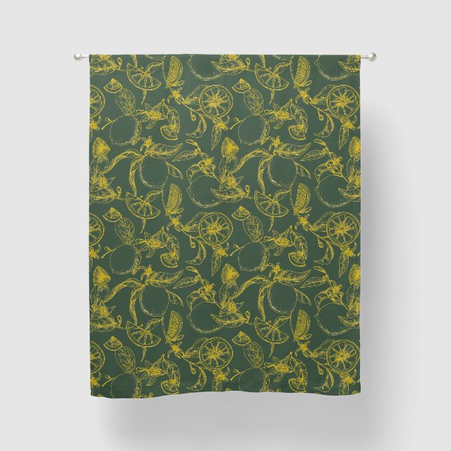 Yellow Lemon Sketch on Dark Green  Blackout Curtains (Front)