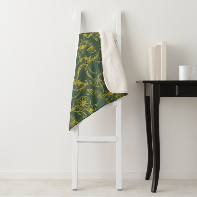 Yellow Lemon Sketch on Dark Green  Sherpa Blanket (In Situ)