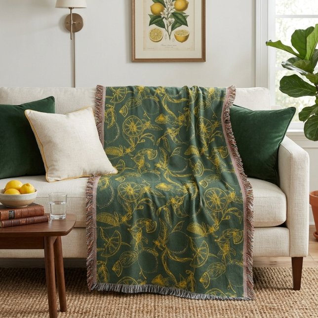 Yellow Lemon Sketch on Dark Green  Throw Blanket (Creator Uploaded)
