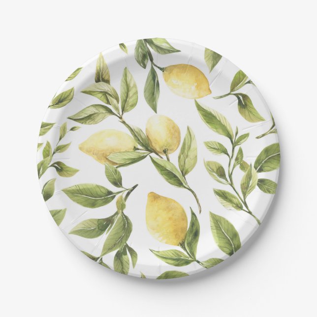 Yellow Lemon Sorrento Mediterranean Bridal Shower Paper Plates (Front)