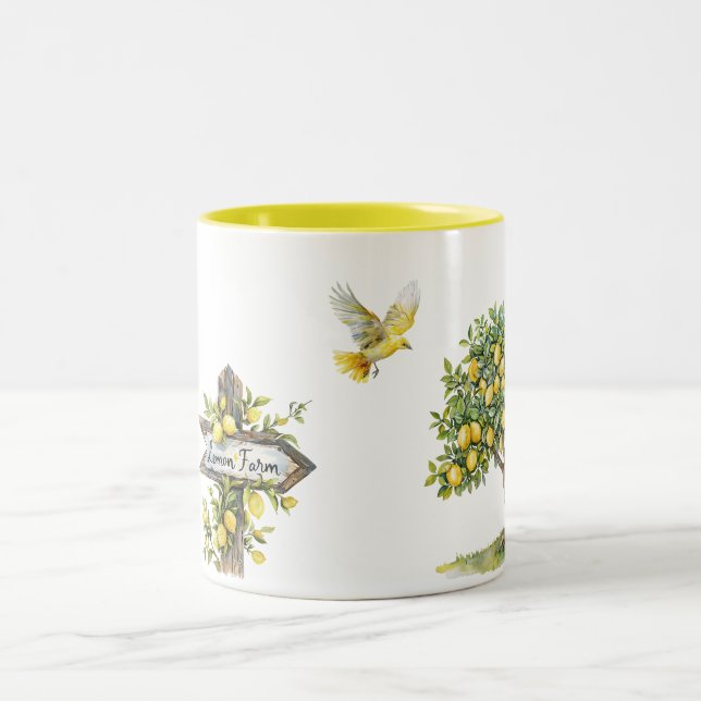 Yellow Lemon Tree Farm Bird   Two-Tone Coffee Mug (Center)