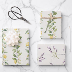 Yellow Lemon Vines Lavender Floral Bridal Shower Wrapping Paper Sheets