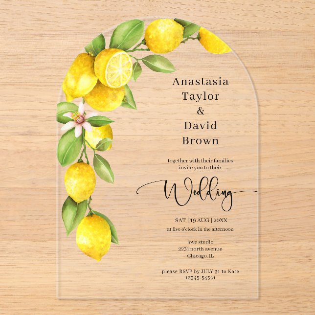 Yellow Lemon  Wedding Acrylic Invitation (Front)
