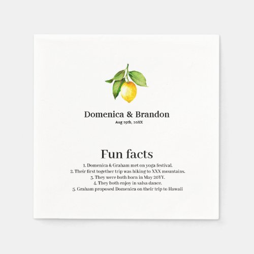 Yellow Lemon Wedding Fun Facts Napkins