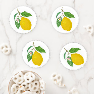 Yellow Lemon with Green Leaves and White Flower Coaster Set