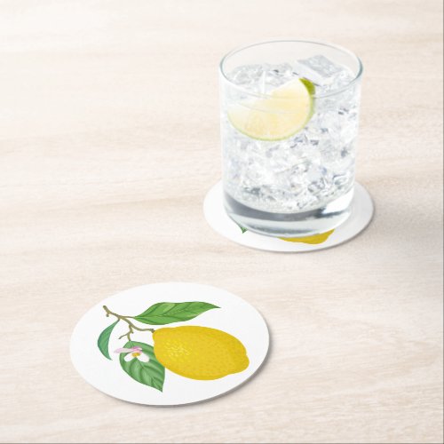 Yellow Lemon with Green Leaves and White Flower Round Paper Coaster