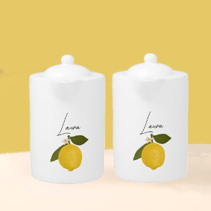 Yellow Lemon with Green Leaves   Fresh Citrus  Teapot