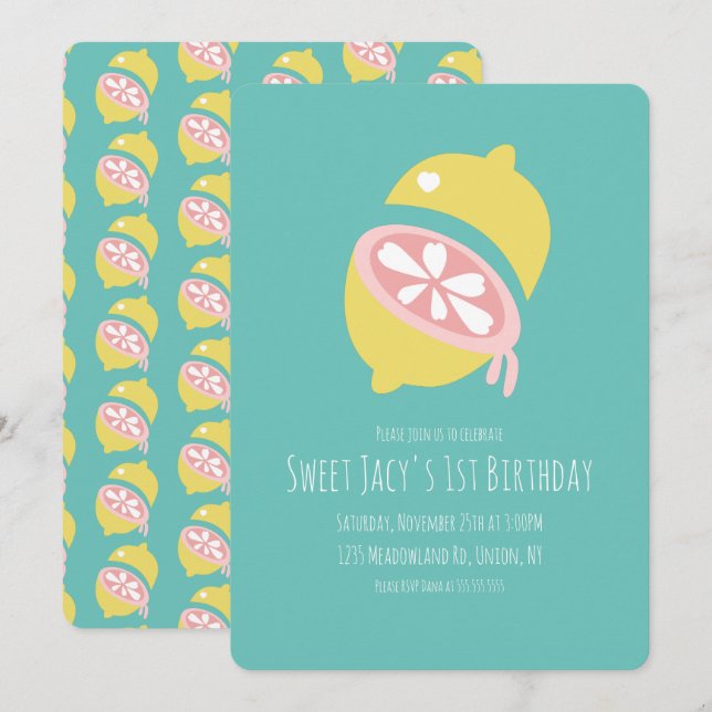 Yellow Lemon with Heart Sweet Birthday Invitation (Front/Back)