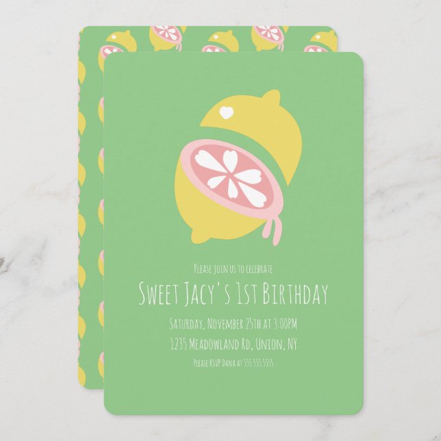 Yellow Lemon with Heart Sweet Birthday Invitation (Front/Back)