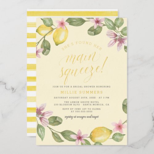 Yellow  Lemon Wreath Main Squeeze Bridal Shower Foil Invitation