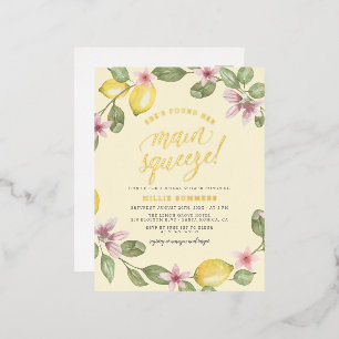 Yellow Lemon Wreath Main Squeeze Bridal Shower Foil Invitation Postcard