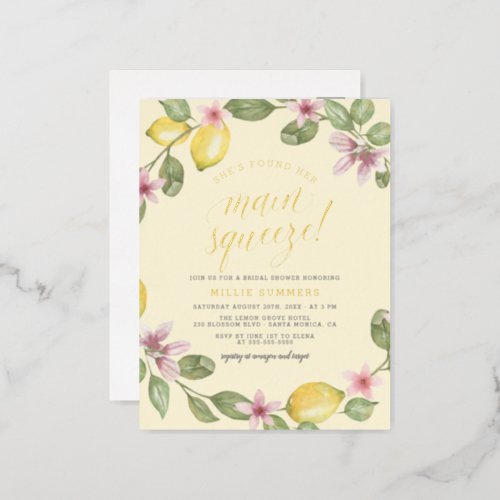 Yellow  Lemon Wreath Main Squeeze Bridal Shower Foil Invitation Postcard