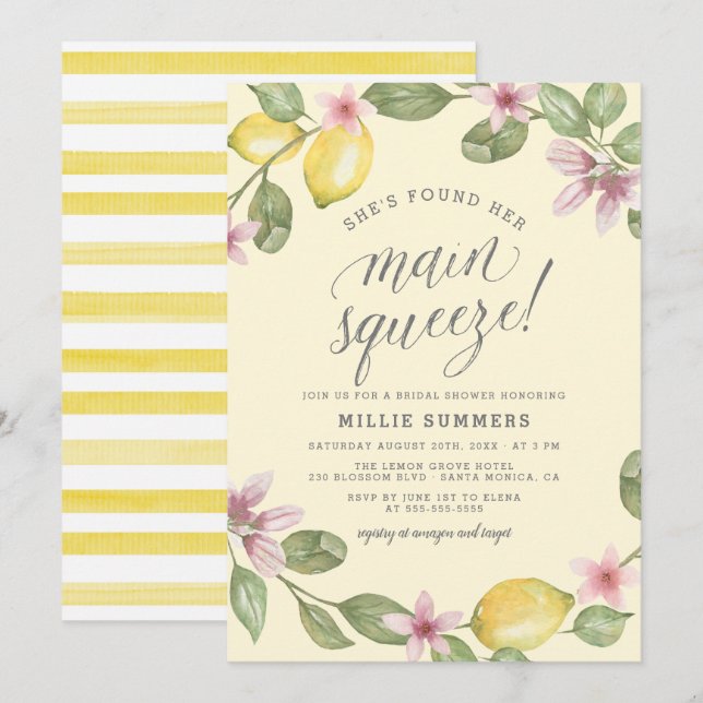 Yellow | Lemon Wreath Main Squeeze Bridal Shower Invitation (Front/Back)