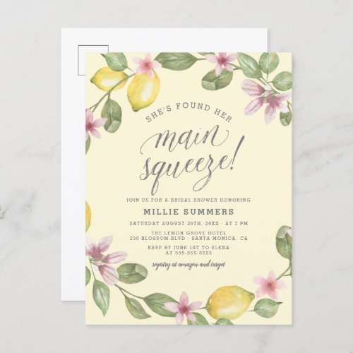 Yellow  Lemon Wreath Main Squeeze Bridal Shower Invitation Postcard