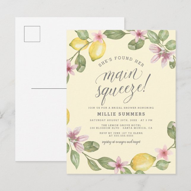Yellow | Lemon Wreath Main Squeeze Bridal Shower Invitation Postcard (Front/Back)