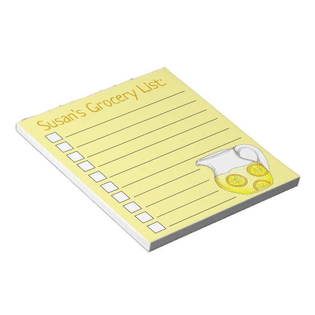Yellow Lemonade Pitcher Personalized Grocery List Notepad (Angled)