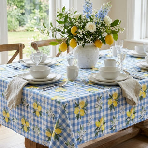 Yellow Lemons and Blue Gingham Check Tablecloth