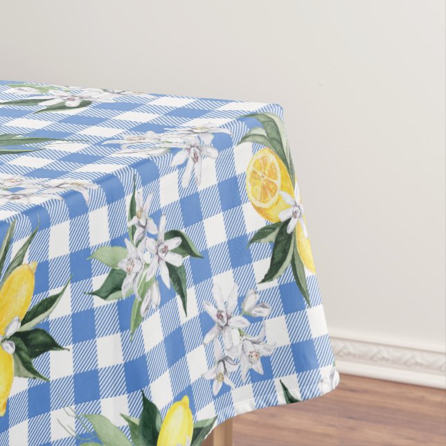 Yellow Lemons and Blue Gingham Check Tablecloth (In Situ)