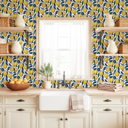 Yellow Lemons And Blue Leaves Kitchen Wallpaper