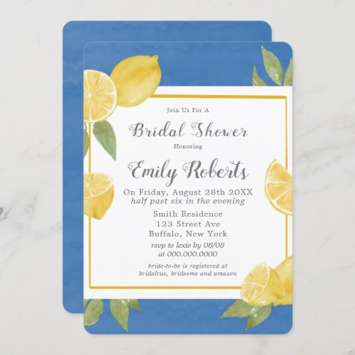 Yellow Lemons and Blue Watercolor Bridal Shower  Invitation
