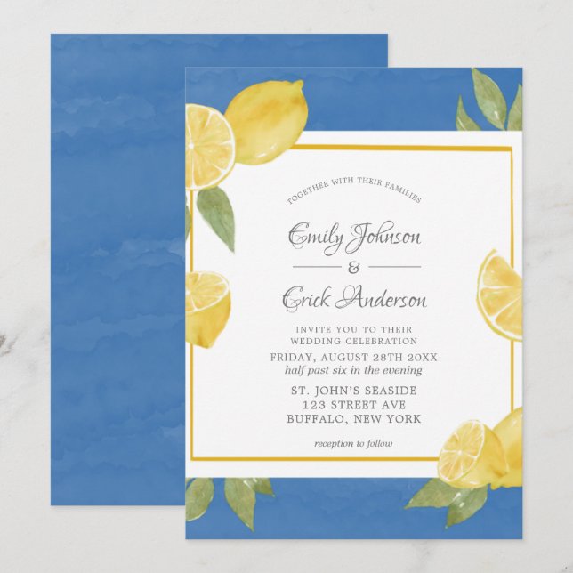 Yellow Lemons and Blue Watercolor Wedding  Invitat Invitation (Front/Back)