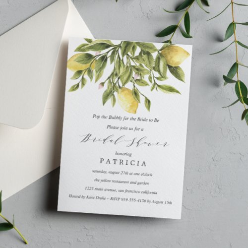 Yellow Lemons and Foliage Wedding Bridal Shower Invitation